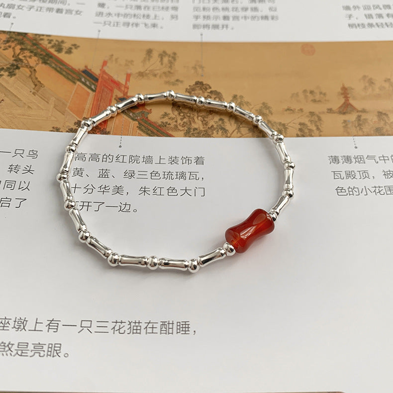 C廠-新中式國風復古風竹節紅瑪瑙福字圓球紅瑪瑙手串S925純銀手鍊「S828」25.06-1