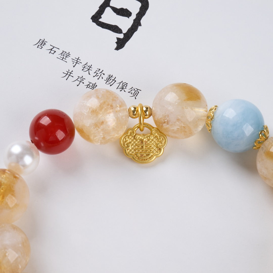 AS廠-天然12MM黃水晶手鍊女奶蓋黃阿塞新中式如意鎖高級感水晶手串批發「SJ121X180」25.08-4