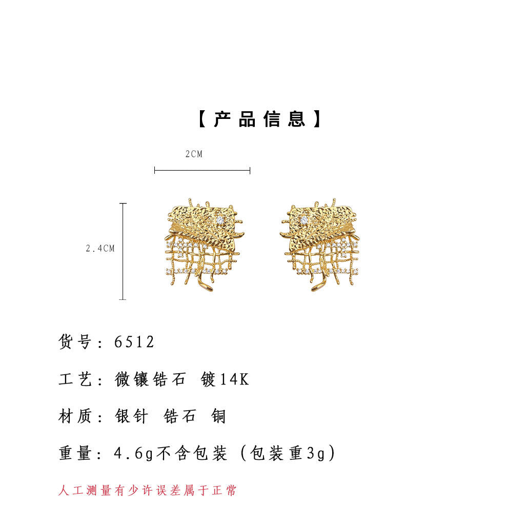 A廠-個性小眾設計微鑲鋯石保色電鍍925銀針新款創意工廠耳飾耳環「6512」25.08-2