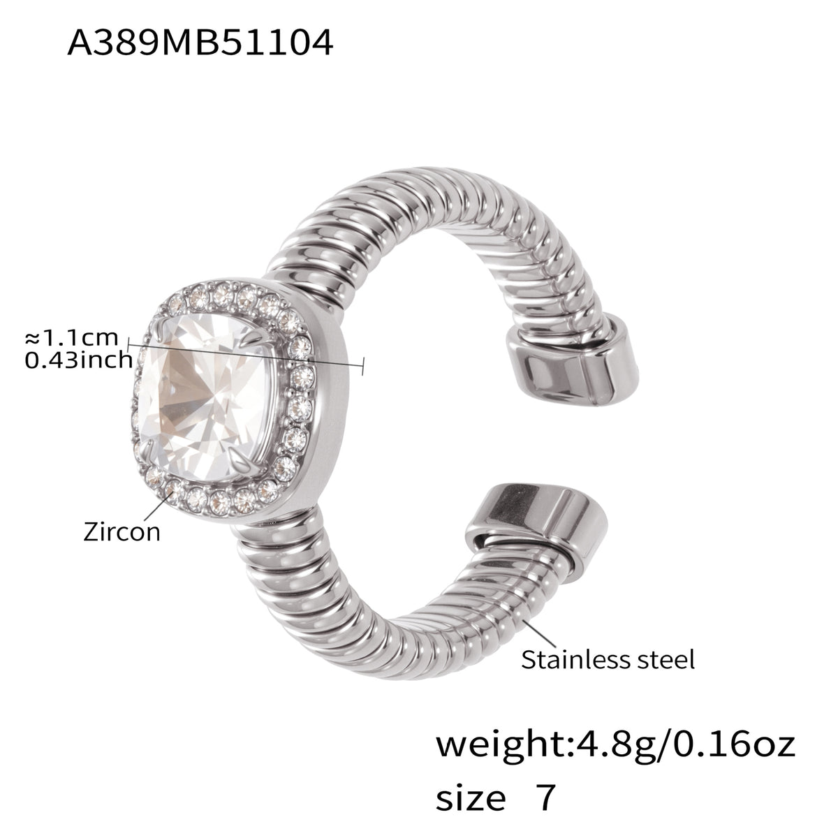 B廠-跨境熱賣新款不鏽鋼方型5A鋯石開口戒指ins風簡約百搭指環「A394-A389」25.11-2