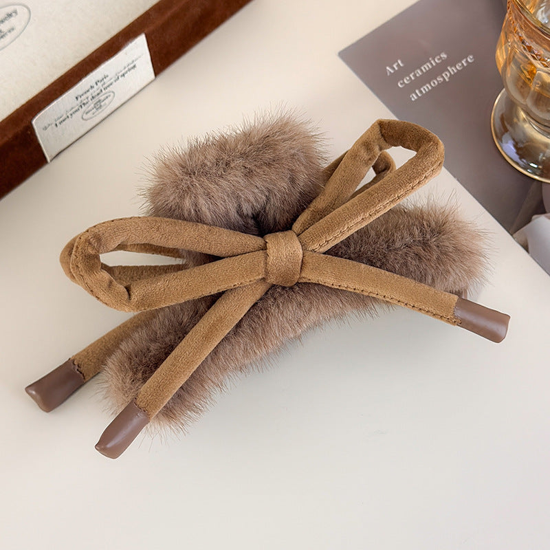 E廠-蝴蝶結兔毛抓夾女秋冬季大號後腦勺鯊魚夾髮量大高級感盤髮卡頭飾「27715」25.11-4