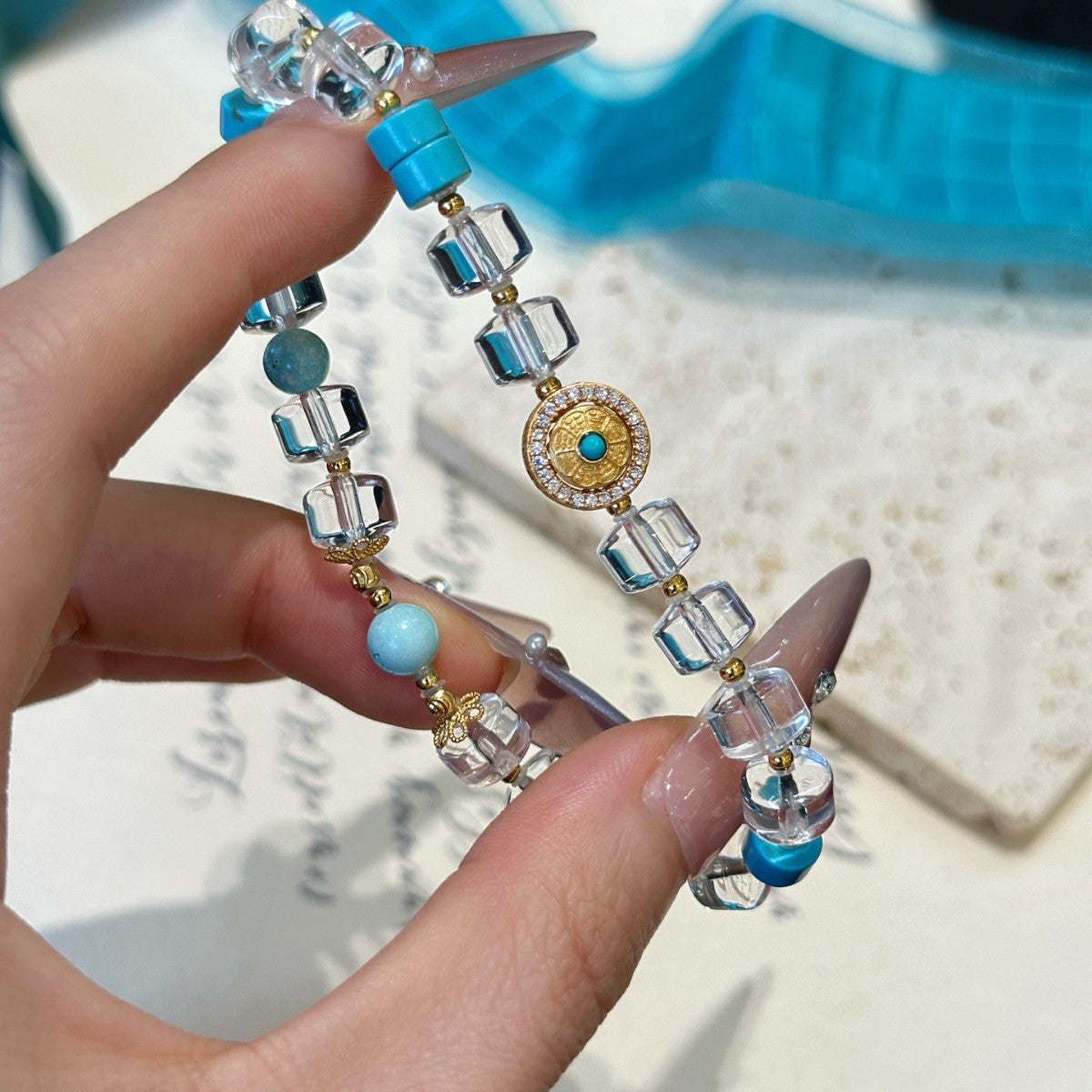 AS廠-時尚天然白水晶手鍊新款百搭綠松石設計925銀手鍊「l2927」25.10-4