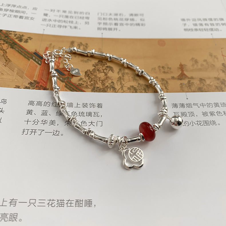C廠-新中式國風復古風竹節紅瑪瑙福字圓球紅瑪瑙手串S925純銀手鍊「S828」25.06-1