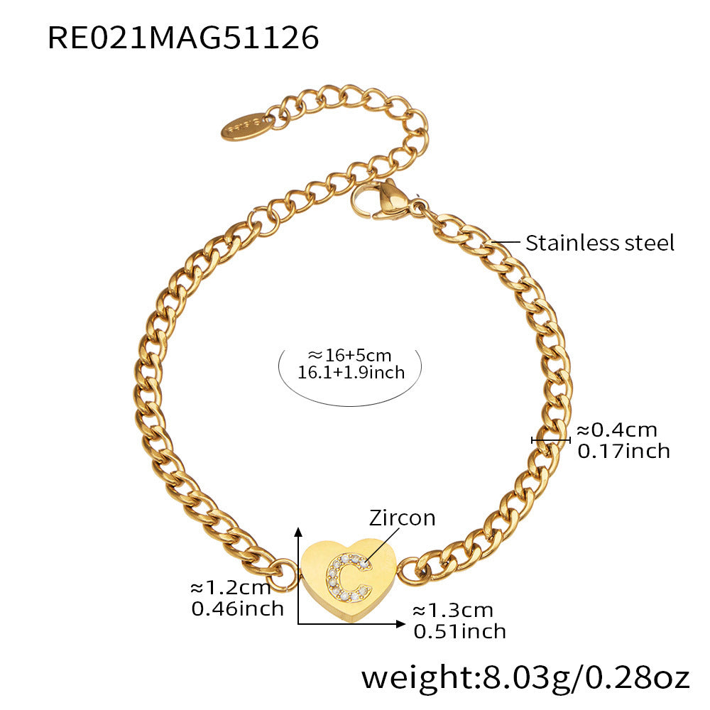 B廠-不鏽鋼愛心字母鑲嵌鋯石吊墜項鍊手鍊套裝 歐美個性首飾鍍18k真金「RP021」25.12-1