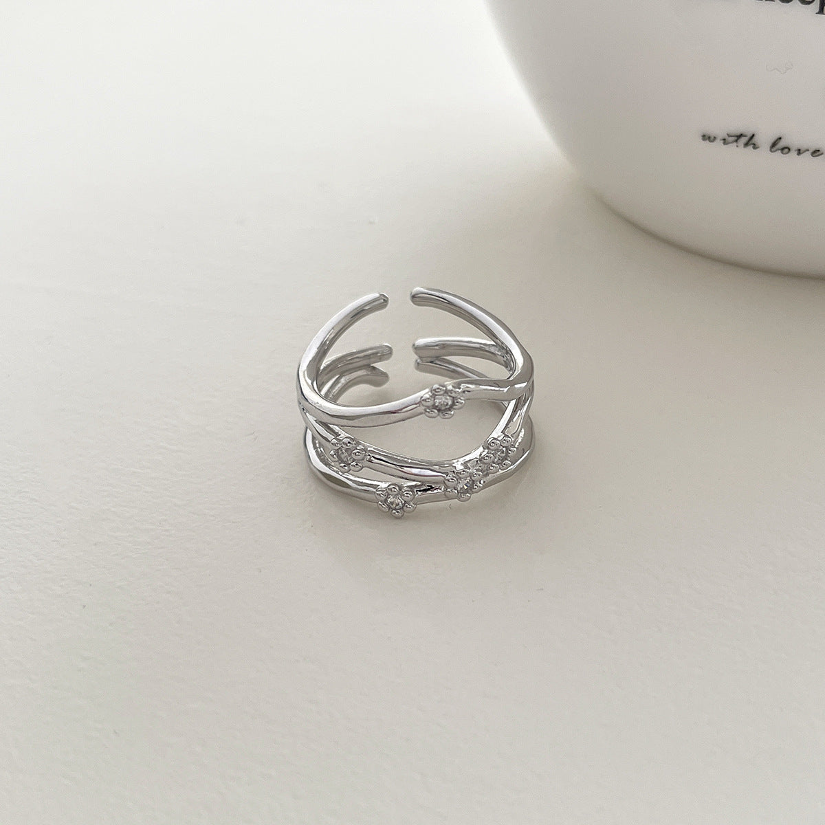 C廠-時尚個性冷淡風星星吊墜純銀戒指女小眾輕奢疊戴風多層鋯石食指戒「JZ-0720」25.10-5