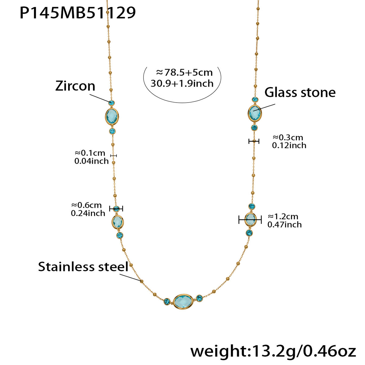 B廠-不鏽鋼十字夾珠鏈橢圓包邊切面玻璃石項鍊耳環首飾套裝鍍18k真金「TXP506」25.12-1