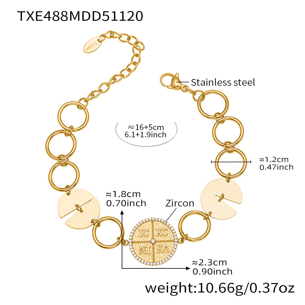 B廠-歐美新款配飾不鏽鋼圓片字母鑲嵌鋯石項鍊手鍊套裝鍍18k金「TXP488」25.11-4