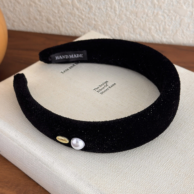 E廠-復古港風絲絨頭箍喜慶紅色絨面珍珠銘牌寬窄髮箍新款新年時尚髮卡「27822」25.12-3