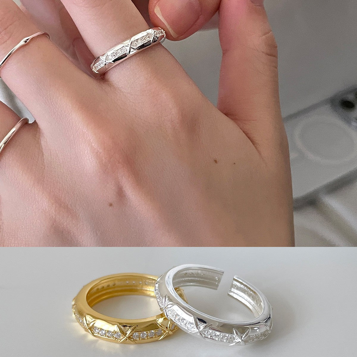 C廠-輕奢小香風爆閃鋯石戒指女高級感個性開口食指戒簡約小眾百搭指環「JZ-0727」25.11-1