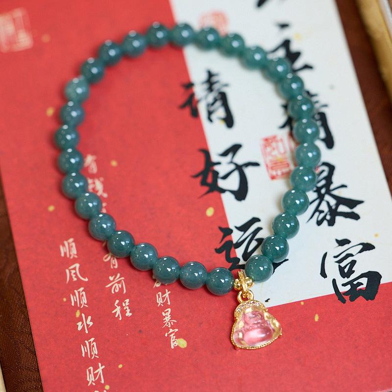 AS廠-廠家源頭批發天然6MM藍水翡翠手串女玉髓彌勒佛吊墜翡翠A貨手串「CL06100741」25.04-1