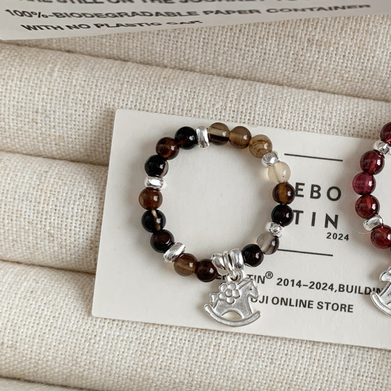 C廠-古風花朵葉子福袋小馬元寶蘋果紅瑪瑙彈力戒指S925純銀戒指女士「RB」25.11-4