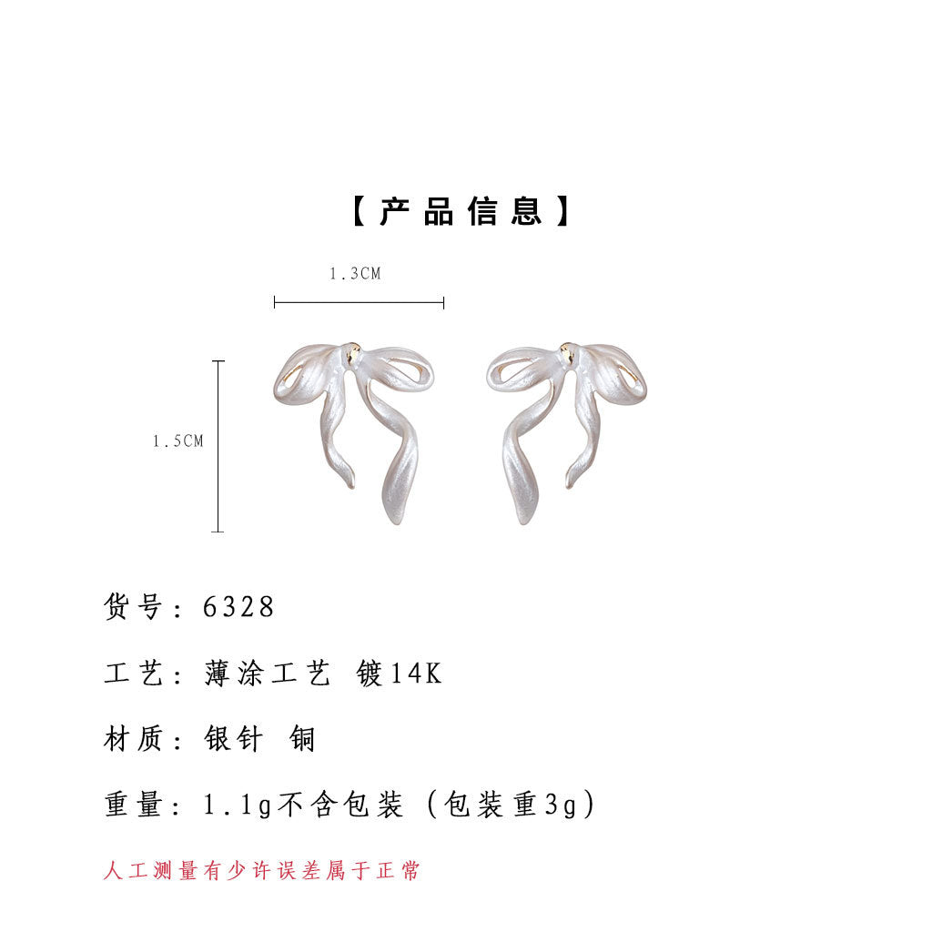 A廠-清新甜美蝴蝶結925銀針薄塗工藝白色簡約通勤百搭耳飾「6328」25.06-4
