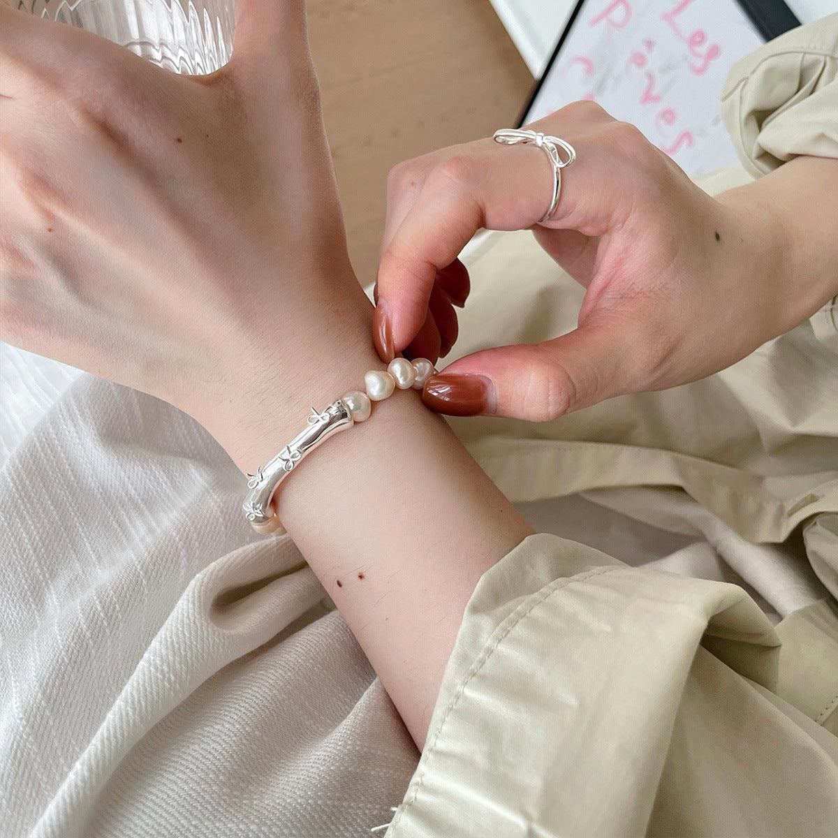 C廠-法式復古微瑕天然珍珠手鍊女輕奢氣質甜美風純銀蝴蝶結手串新款「SL-418」25.04-2