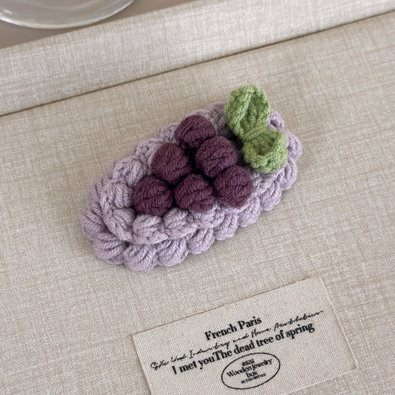 E廠-秋冬手工鈎針毛線水果髮夾女款2025新款前額bb夾側邊夾碎髮瀏海夾「27629」25.11-1