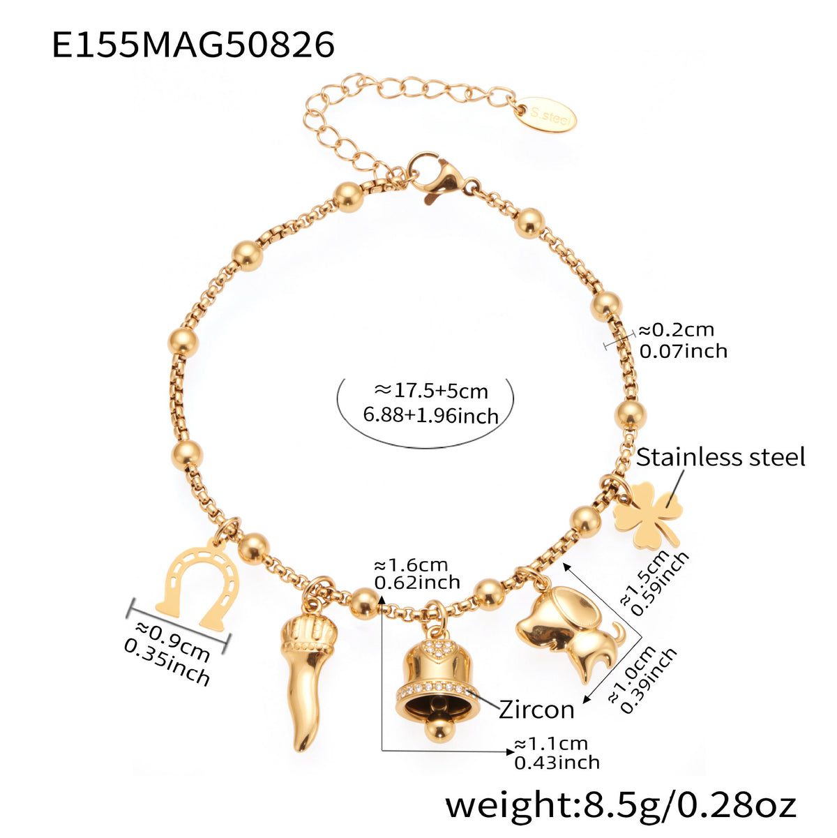 B廠-精緻多配件鈴鐺八芒星吊墜鑲鋯石手鍊組合不鏽鋼鍍18k真金「E155-E164-E165」25.09-1