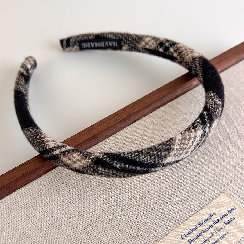 E廠-學院風格子布藝纏繞髮箍韓系百搭高顱頂波浪格紋帶齒防滑頭箍頭飾「27385」25.08-5