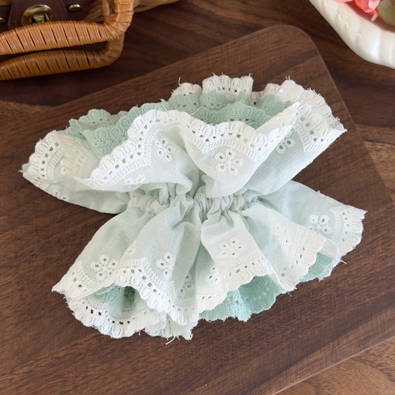 E廠-韓系ins薄荷綠刺繡蕾絲花邊小蠻腰大腸髮圈溫柔百搭扎馬尾髮飾女「26923」25.05-2