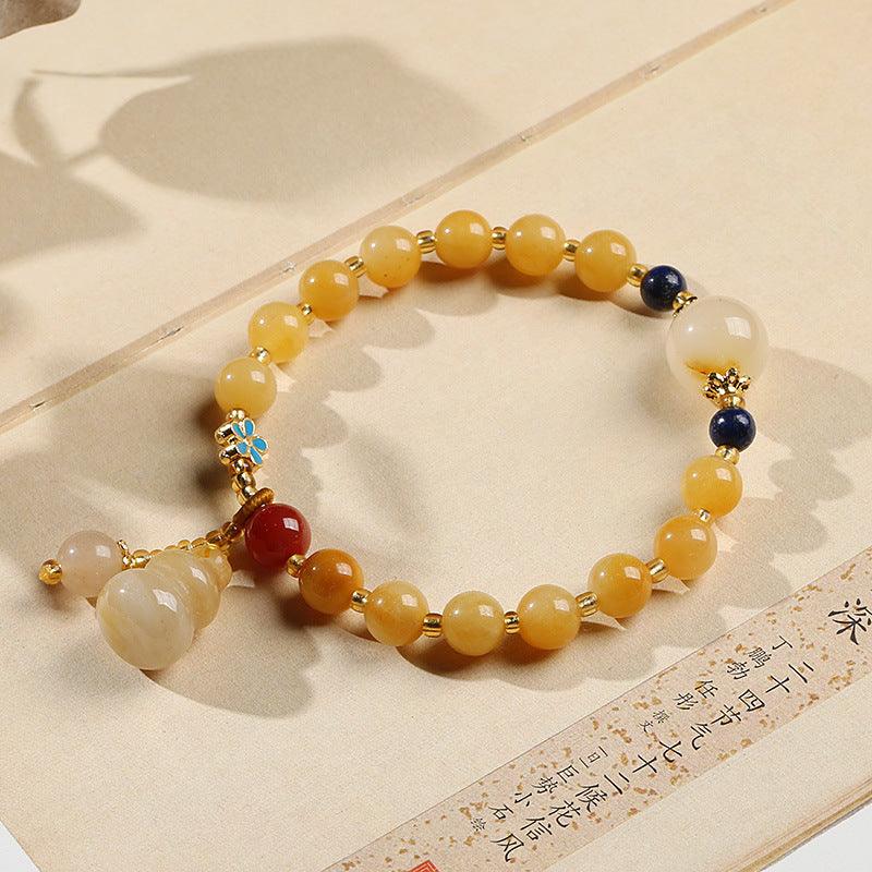 AS廠-翡亦天然新疆金絲玉黃色手鍊閨蜜禮物小葫蘆流蘇女款圓珠玉石手鍊「SL89-C-6」25.04-1