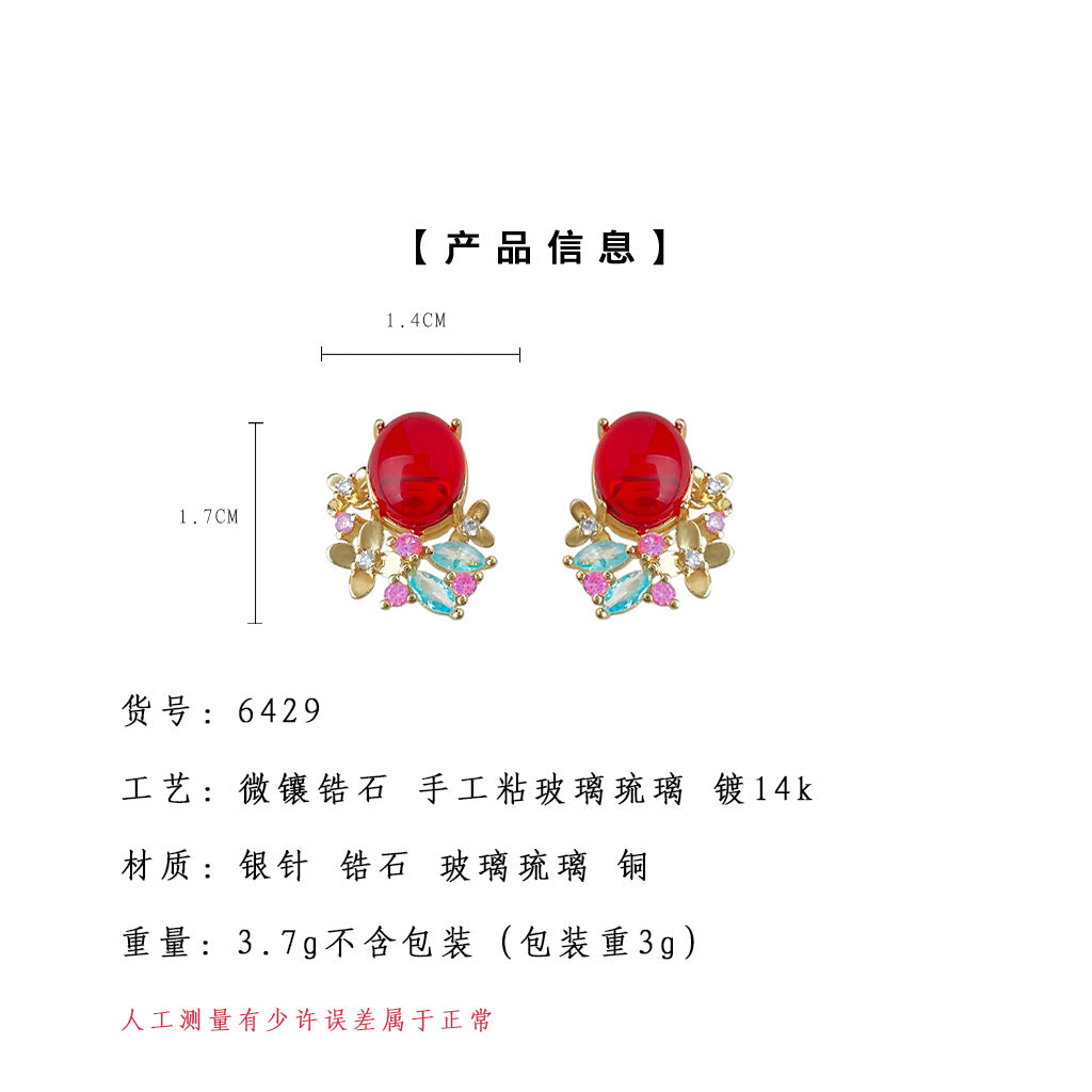 A廠-文藝復古民族風微鑲鋯石彩寶系列酒紅色幾何銀針耳飾工廠耳環「6429」25.07-2