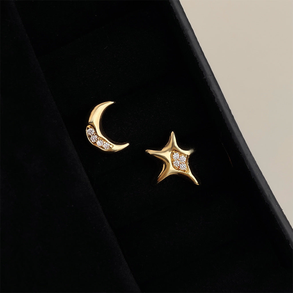 A廠-原創不對稱設計AB款微鑲鋯石星星月亮925銀針耳飾工廠耳環「6406」25.07-2