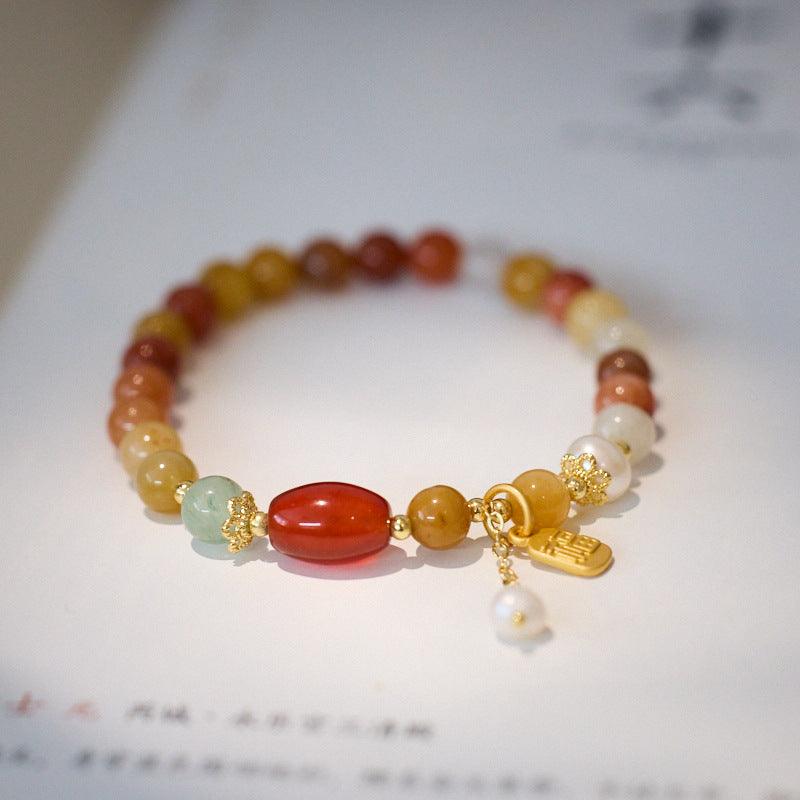 AS廠-天然新疆金絲玉手鍊女珍珠流蘇新中式高級感玉石手串閨蜜禮物批發「SL89-E-8」25.04-1
