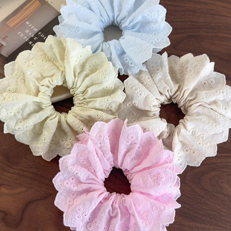 E廠-重工高級感刺繡鏤空碎花花瓣蕾絲大腸髮圈溫柔少女甜美丸子頭髮繩「26550」25.02-3