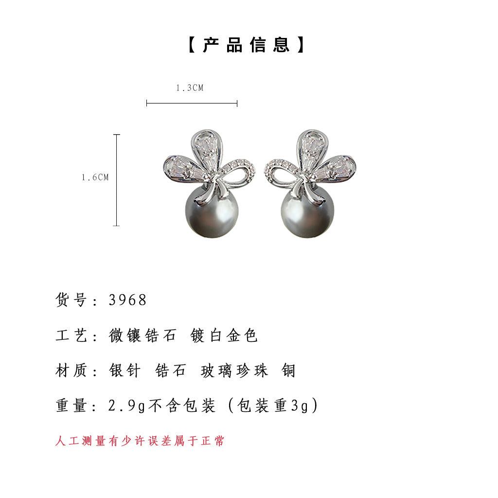 A廠-微鑲鋯石施家玻璃珍珠藝術蝴蝶銀針耳環女氣質高級感灰色耳飾工廠「3968」24.05-5