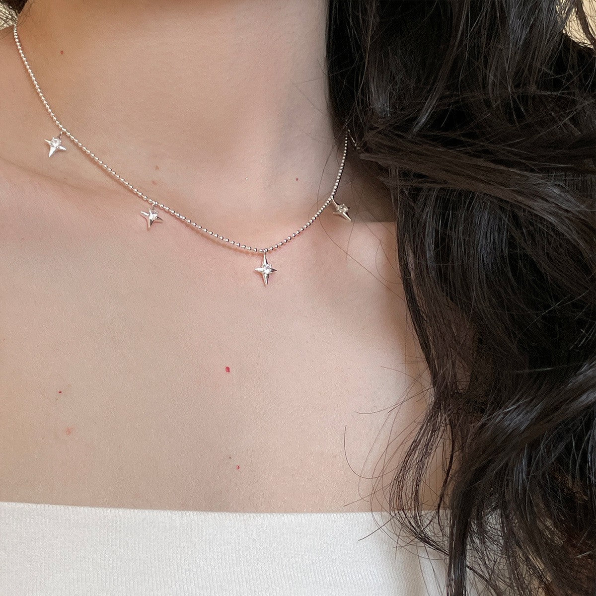 C廠-純銀四芒星鋯石項鍊女個性清冷氣質簡約鎖骨鏈潮流百搭高級感項飾「XL-1114」25.07-4