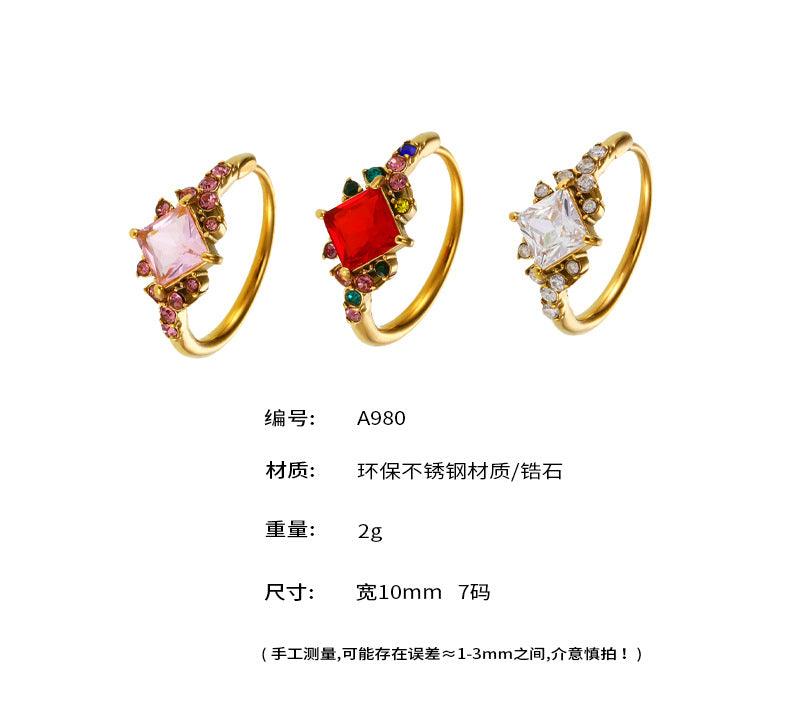 B廠-四方鋯石滿鑽戒指不鏽鋼尾戒食指戒鍍18K真金珠寶女不掉色「A980」25.02-2