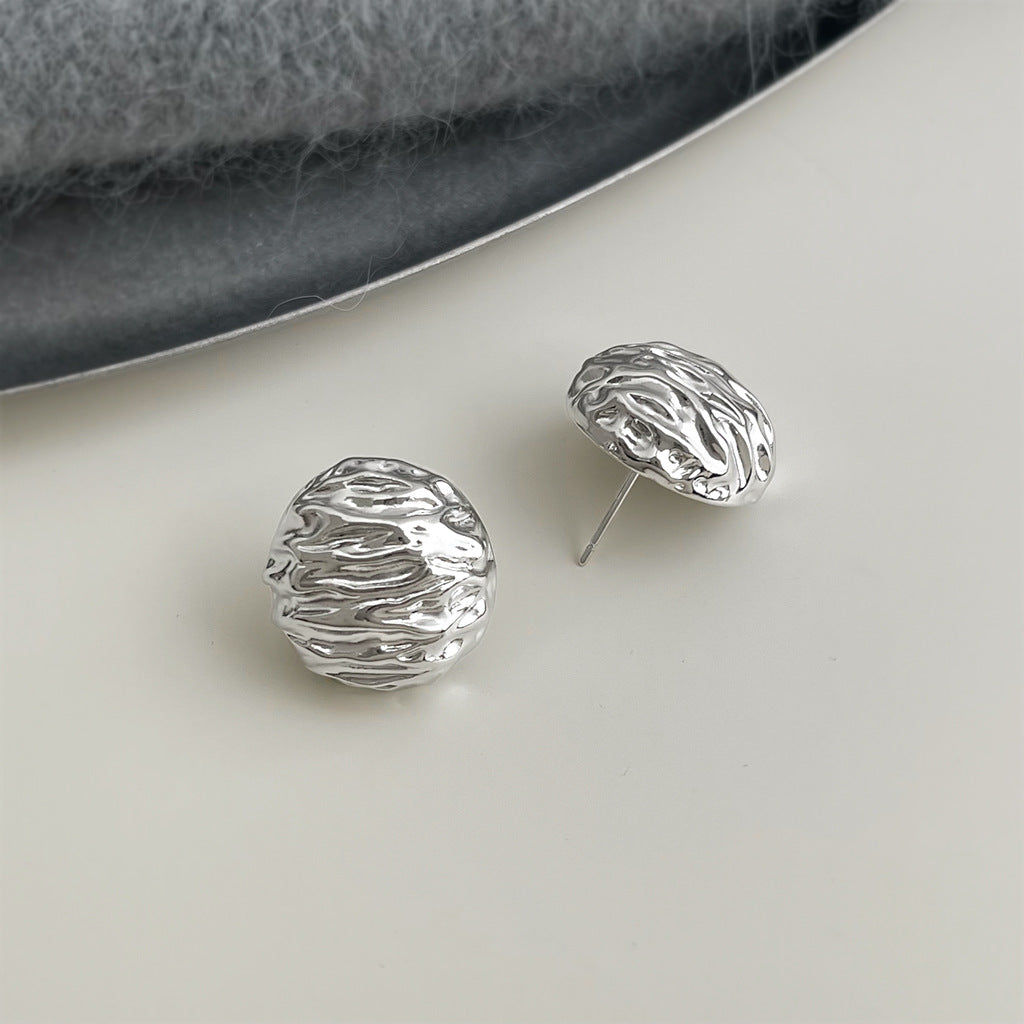 A廠-小眾設計感核桃紋路時尚高級感銀針圓形幾何重工感耳飾工廠耳環女「7141-7142」25.11-4