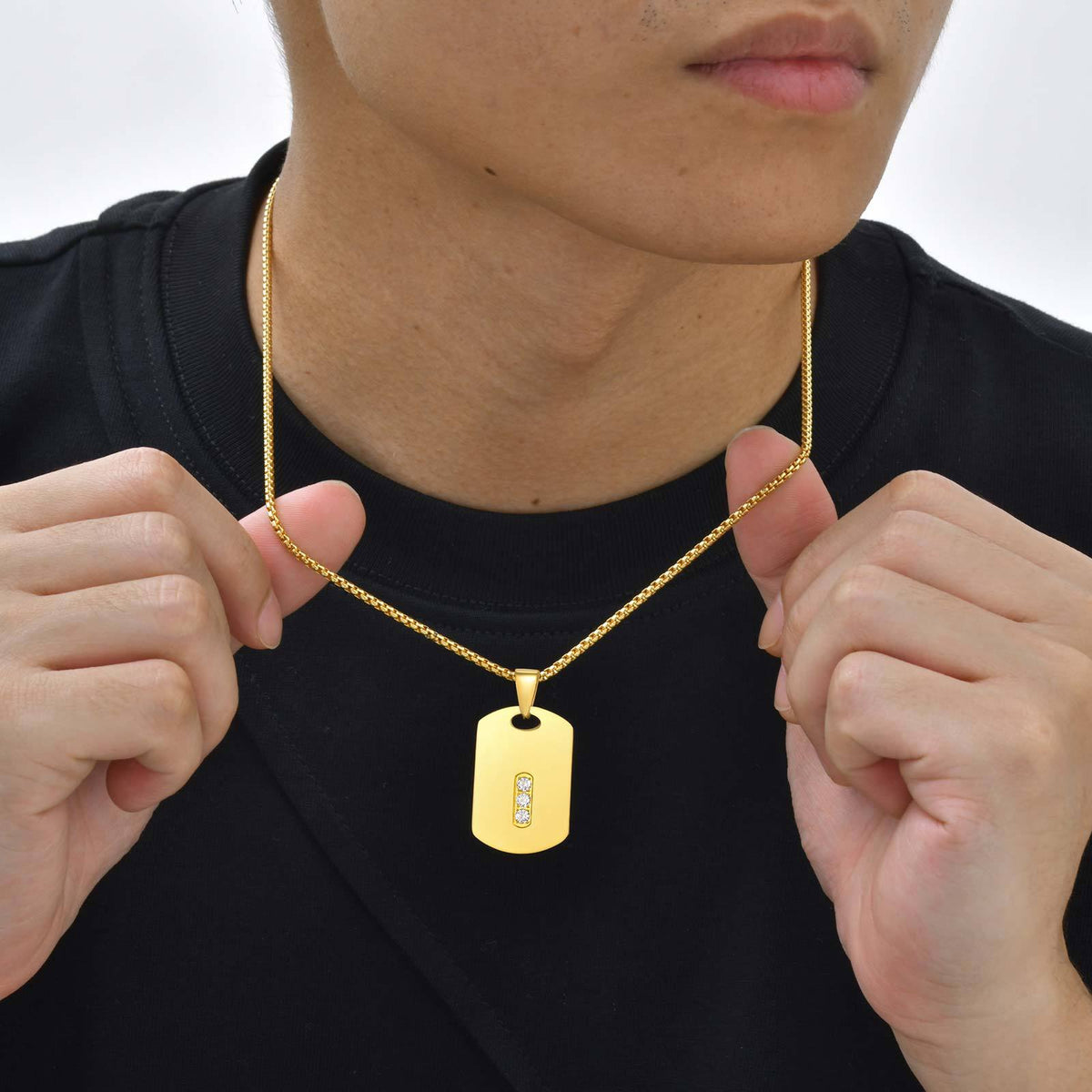 G廠-男士街頭潮流酷飾品 不鏽鋼鑲嵌鋯石狗牌幾何吊墜項鍊「PN-2137」25.06-1