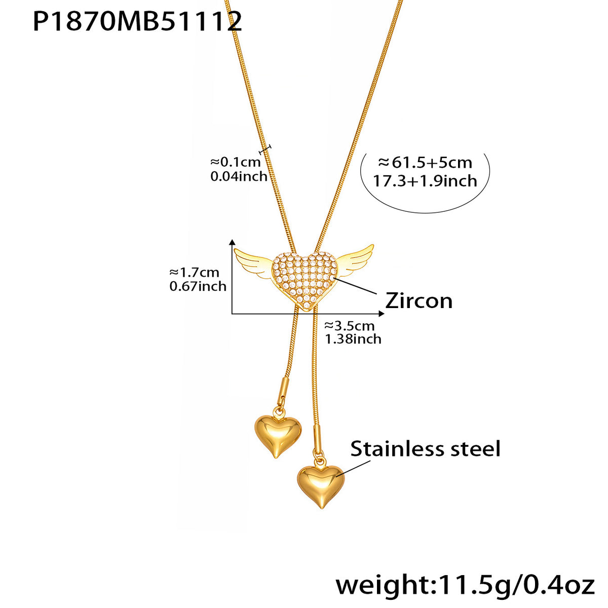 B廠-5A鋯石愛心翅膀抽拉項鍊個性ins冷淡風不鏽鋼流蘇項鍊批發「P1870」25.11-3