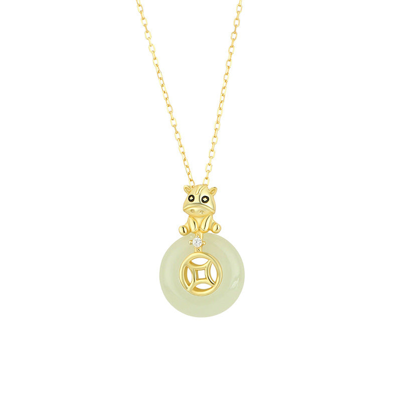 D廠-原創純銀S925小馬項鍊銅錢平安扣萌馬佑安本命年和田玉鎖骨鏈「YC3569N_1」25.12-2