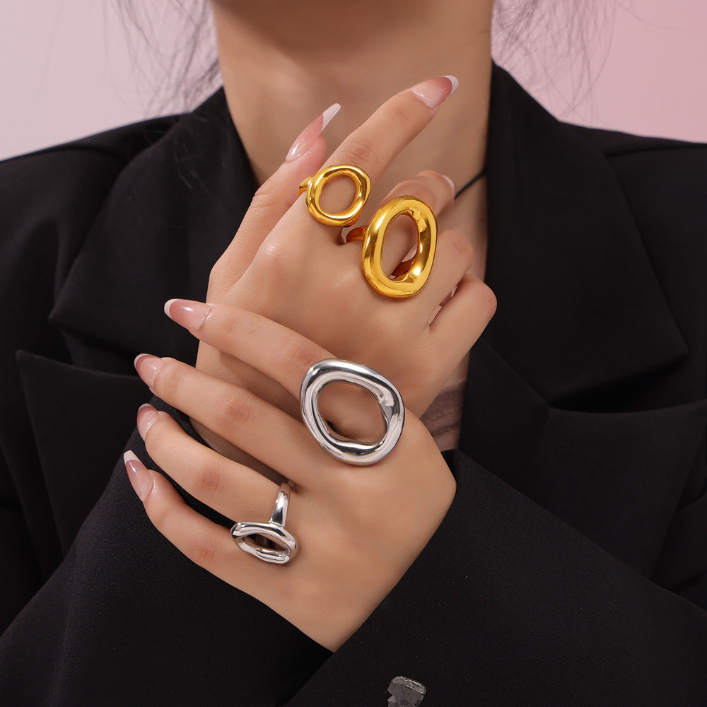 B廠-INS韓國飾品極簡百搭戒指設計鈦鋼鍍18k金幾何鏤空不規則圓圈指環「A641」24.05-3