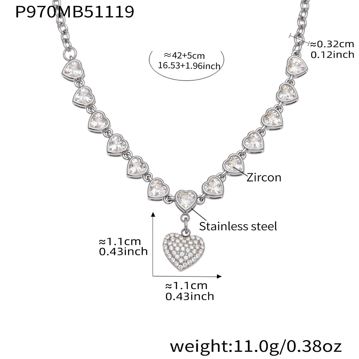 B廠-超閃5A鋯石滿鑽15個愛心鎖骨項鍊不鏽鋼鍍18k真金珠寶首飾「P970」25.11-4