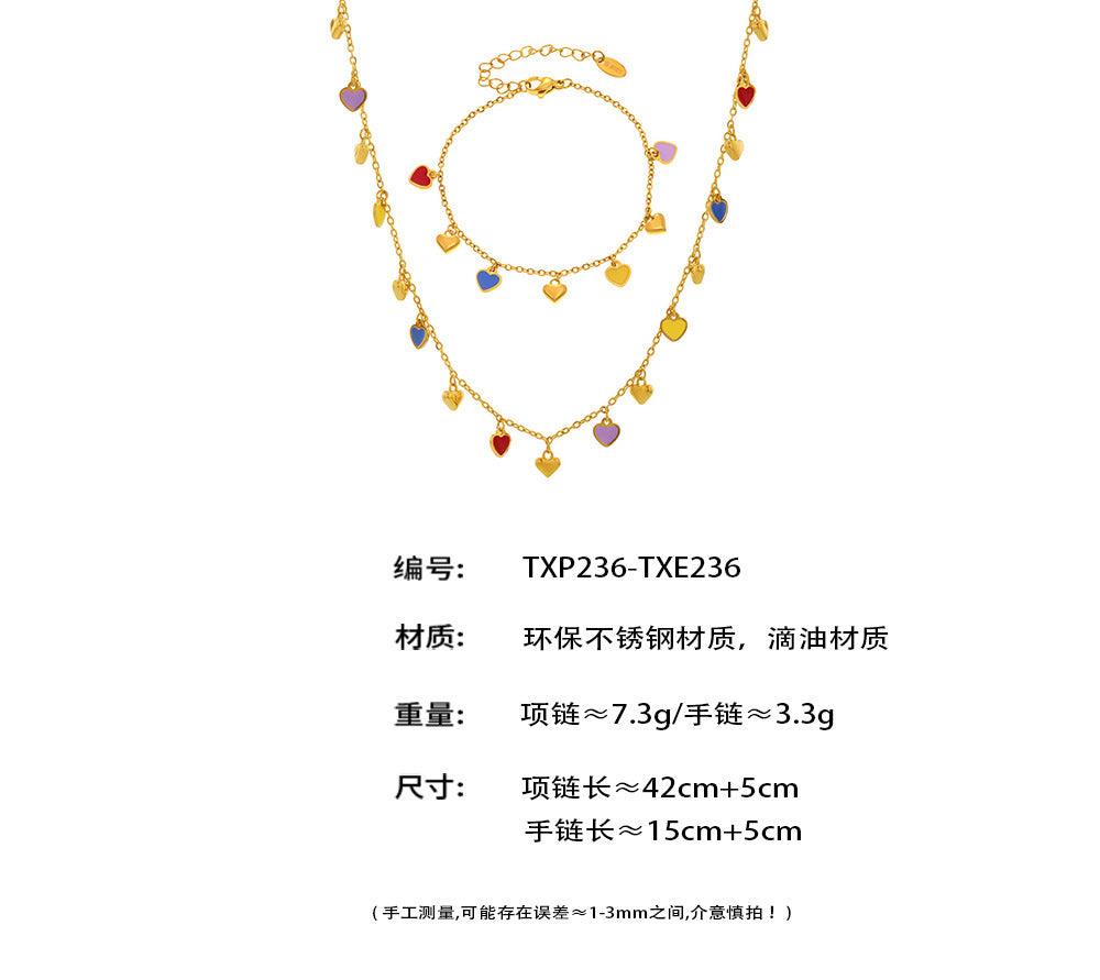 B廠-絢彩滴油多愛心吊墜配件鎖骨鏈小眾設計感手鍊不鏽鋼套裝女「TXE236-TXP236」25.03-4