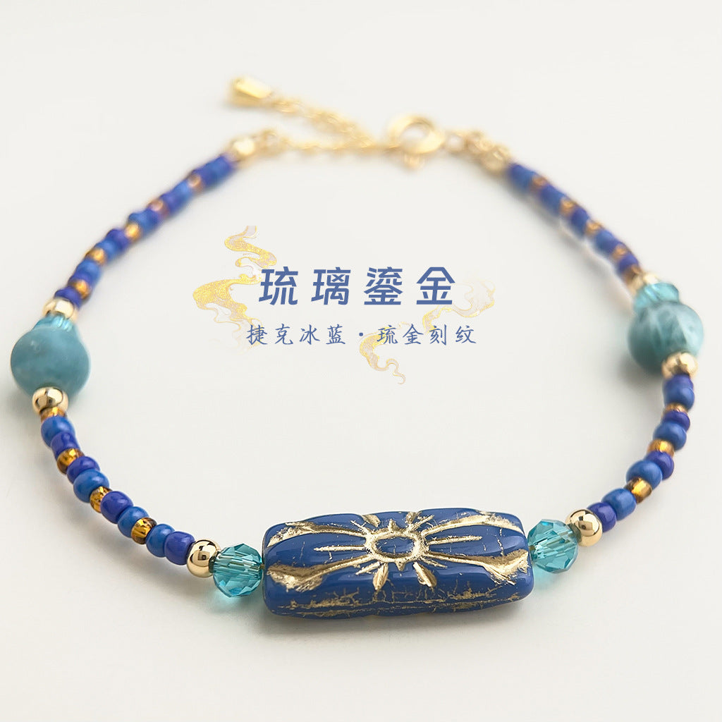 A廠-時尚高級感琉璃石材藍色海洋文藝復古設計師款新款手鍊工廠手飾女「S58」25.04-3