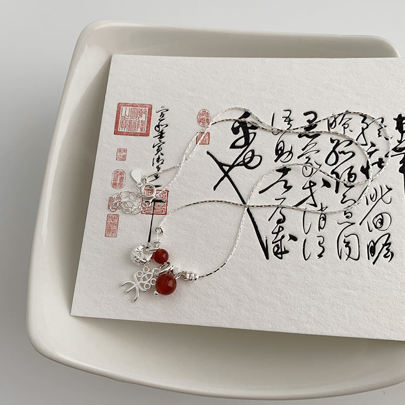 C廠-復古風喜樂福袋招財貓錢幣納福紅瑪瑙S92純銀項鍊女士「X990」25.05-1