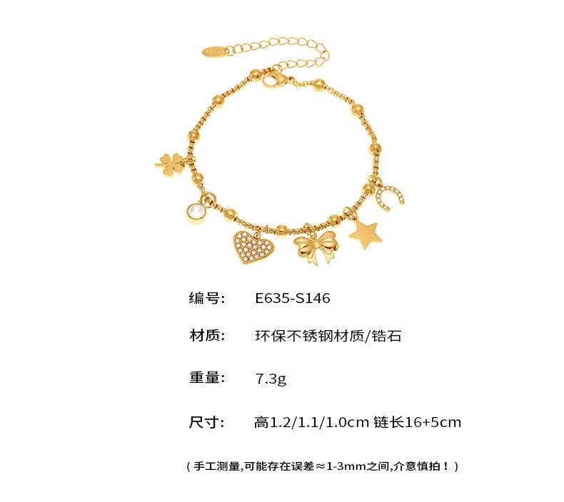 B廠-5A鋯石愛心蝴蝶結多配件手鍊腳鏈不鏽鋼18K金歐美時尚流行「E635」25.05-5