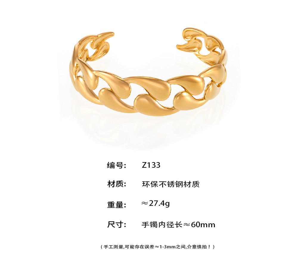 B廠-歐美經典光面水滴編織手鐲時尚情侶款不鏽鋼18K金開口手環「Z133」25.01-1