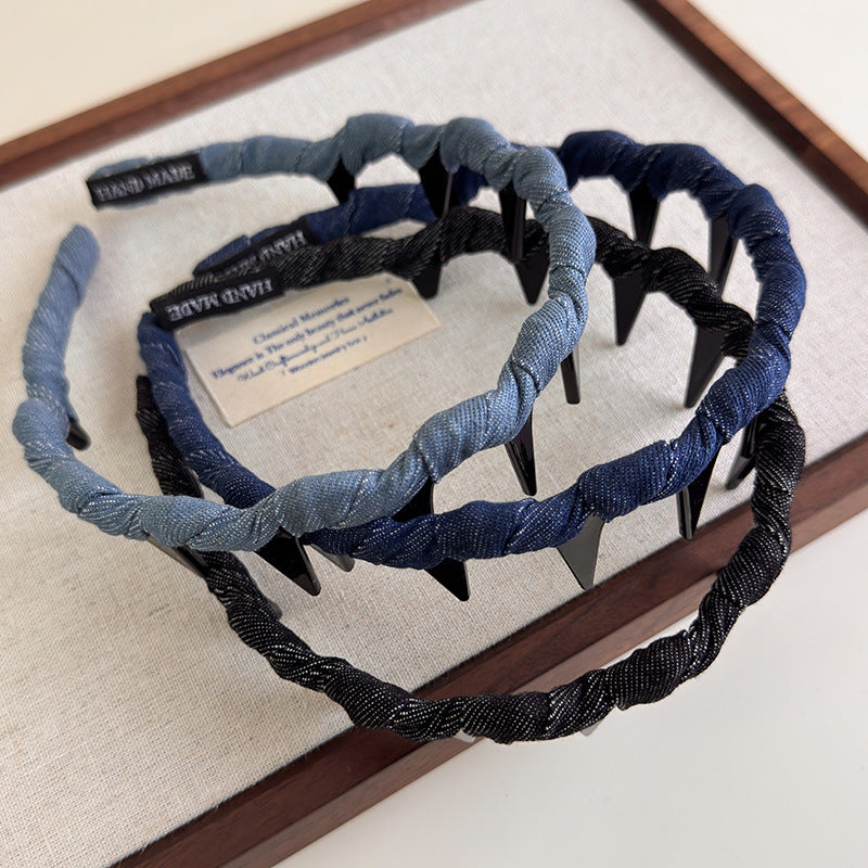 E廠-韓系纏繞編織牛仔髮箍帶齒防滑齒頭箍日常簡約經典百搭波浪頭飾「27245」25.07-4