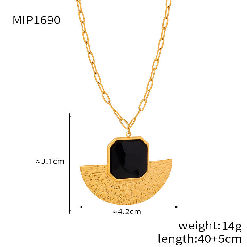 B廠-韓系小眾誇張鈦鋼玻璃石耳飾扇形火山紋理造型金色保色女個性項鍊「F1153-P1690」25.12-1