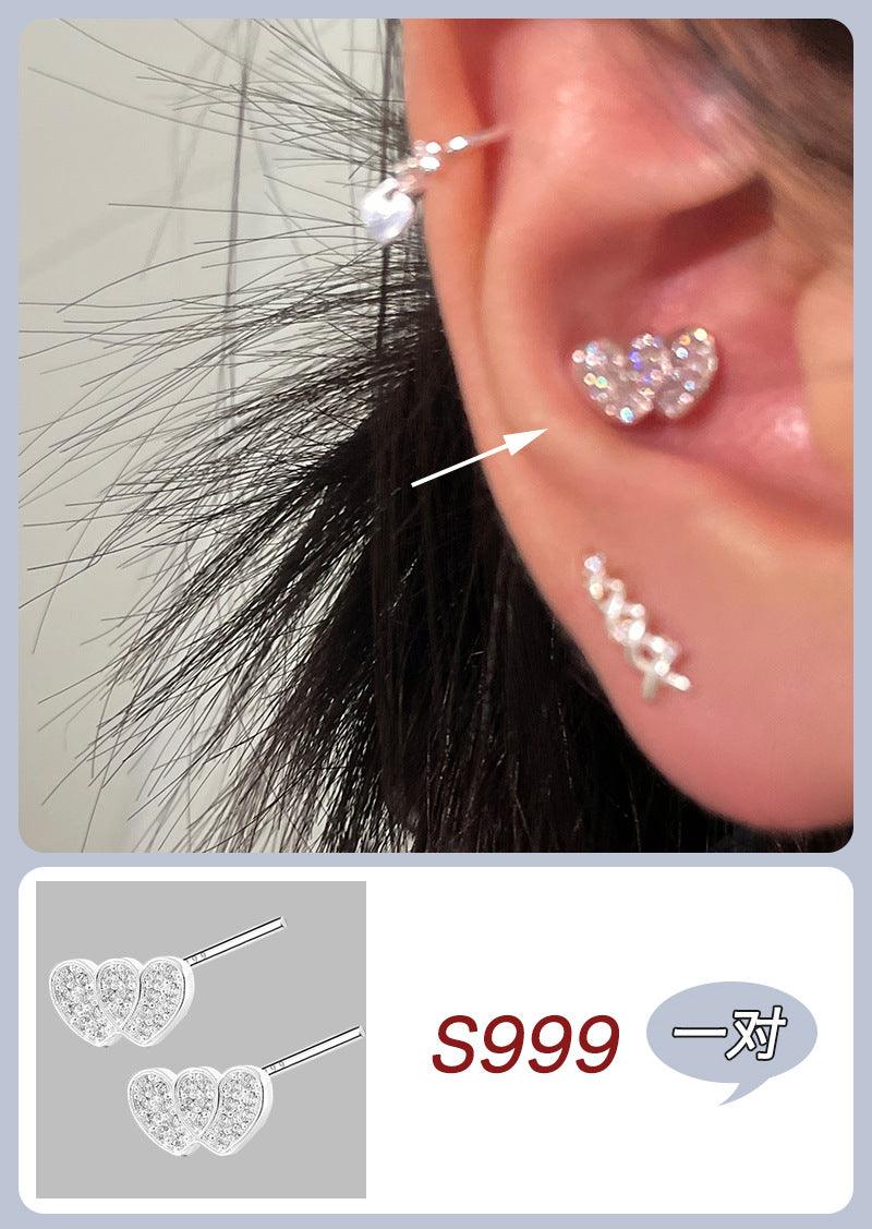 C廠-999純銀精緻鋯石愛心小耳釘女ins小眾高級感疊戴韓版甜美耳飾品「EH
