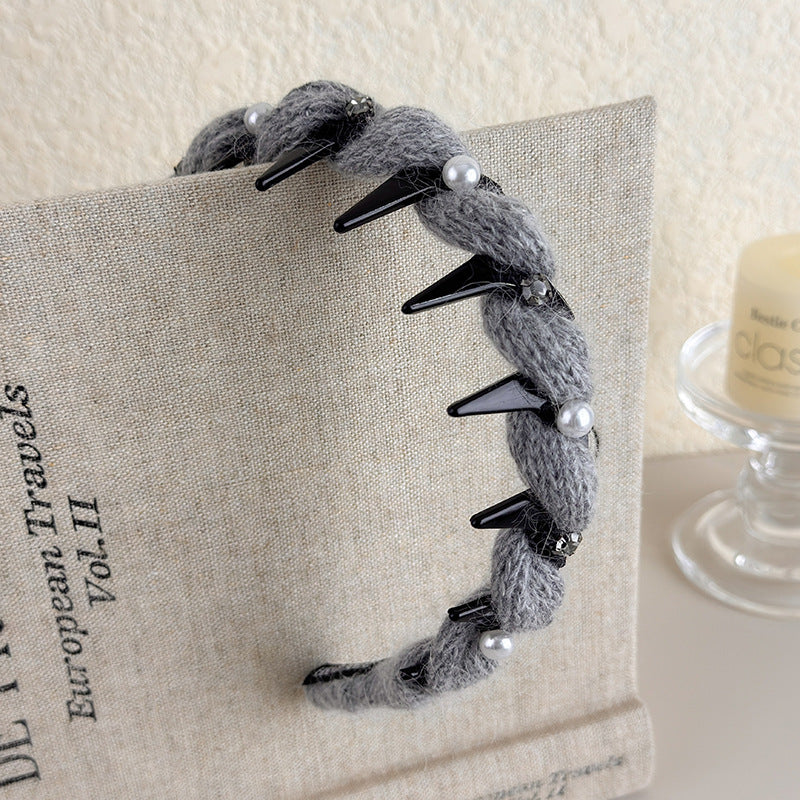 E廠-韓系閃鑽珍珠毛線波浪髮箍女高顱頂頭箍帶齒防滑外戴髮卡壓髮頭飾「27663」25.11-2