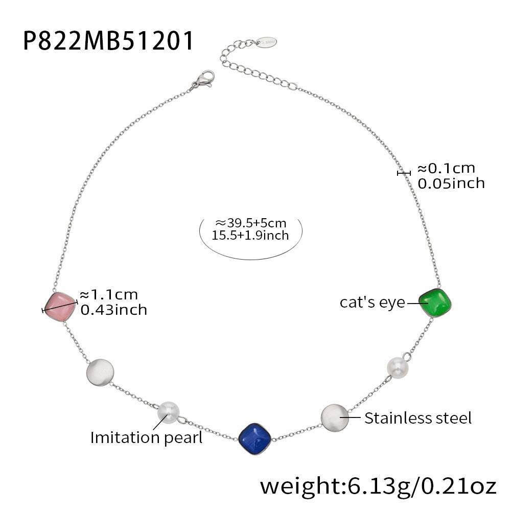B廠-不鏽鋼貓眼石多色手工串膠珠鎖骨項鍊鍍18k真金質感女款珠寶首飾「P822」25.12-2