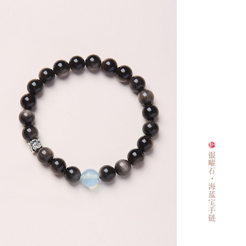 AS廠-源頭工廠批發天然8MM黑曜石手串女款天然銀曜石海藍寶高級感手鍊「SL081J046」25.05-1