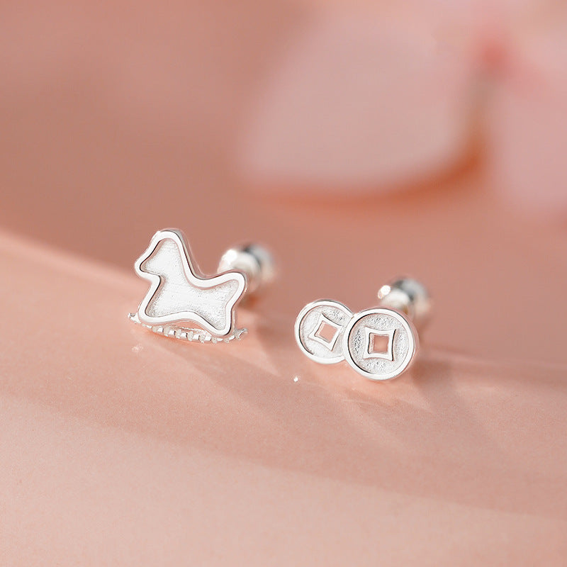 D廠-S999足銀木馬銅錢耳環新中式簡約氣質本命年氣質小眾耳飾批發「YC2891E_1」25.11-3