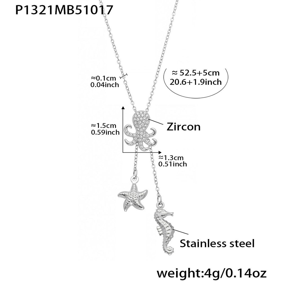 B廠-不鏽鋼5A鋯石八爪魚海星吊墜抽拉扣Y字鎖骨項鍊不鏽鋼材質「P1321」25.10-4