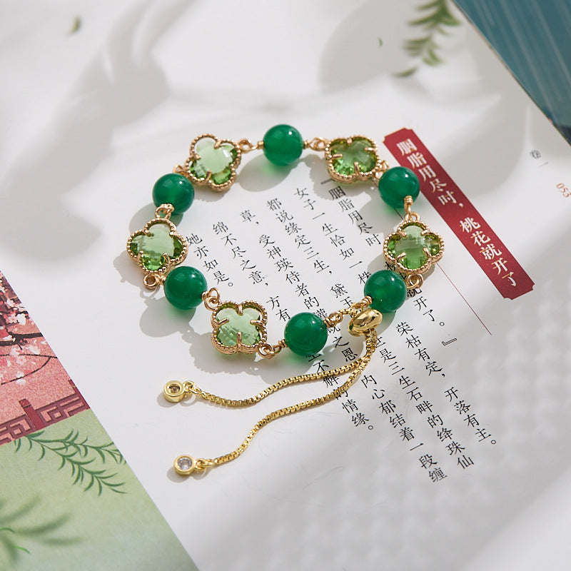 AS廠-2025多巴胺四葉草手鍊女黑曜石瑪瑙多寶高級感水晶手串批發「081D080」25.04-3