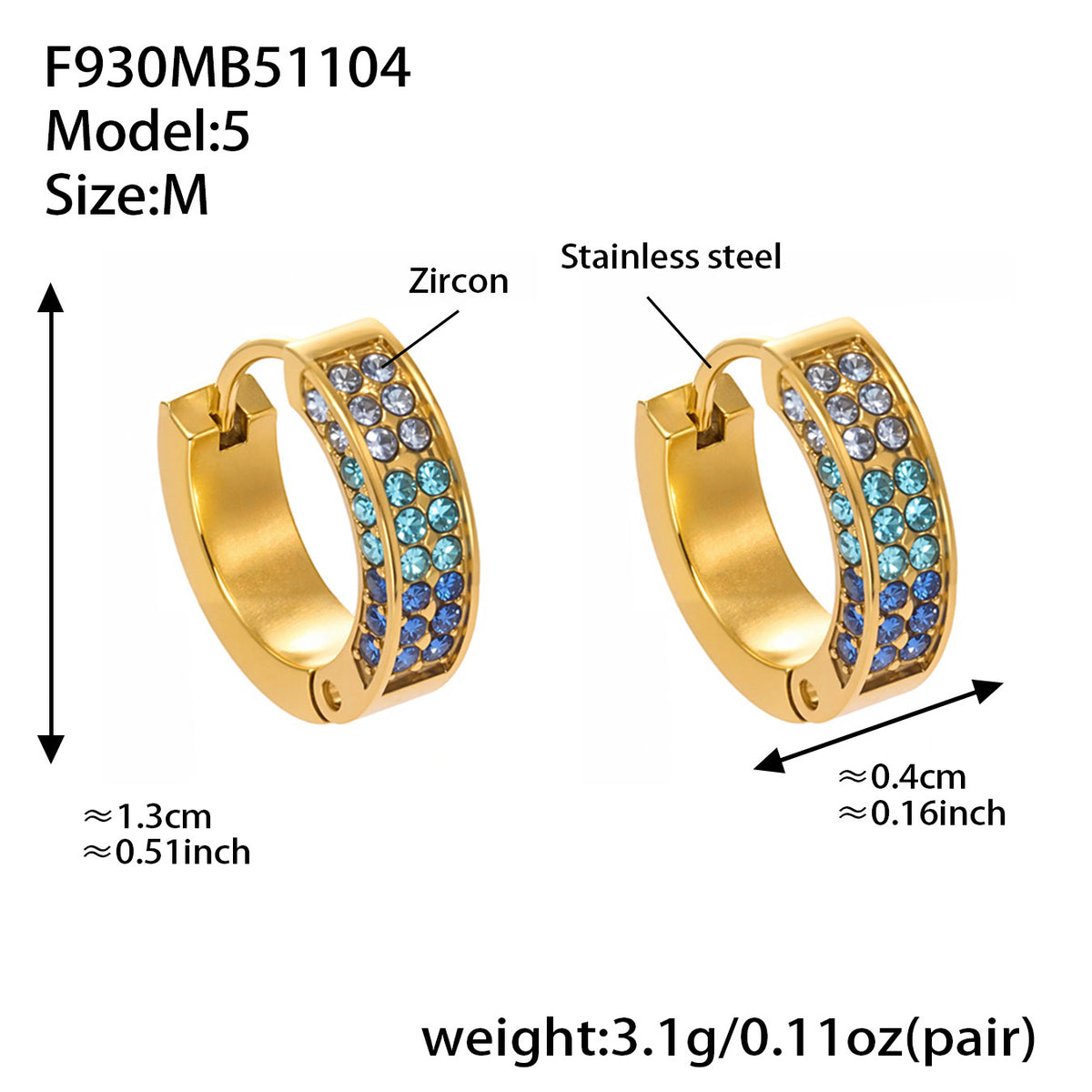 B廠-ins風高質量彩色5A鋯石圓圈卡扣耳環不鏽鋼鍍18k真金耳飾女「F930」25.11-2